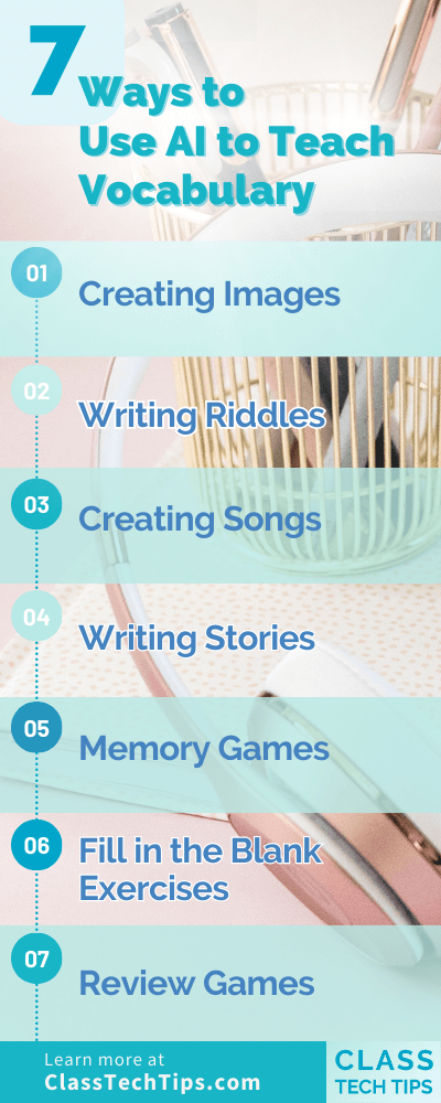 Infographic titled "7 Ways to Use AI to Teach Vocabulary" featuring a list with items: Creating Images, Writing Riddles, Creating Songs, Writing Stories, Memory Games, Fill in the Blank Exercises, and Review Games, with ClassTechTips.com at the bottom.