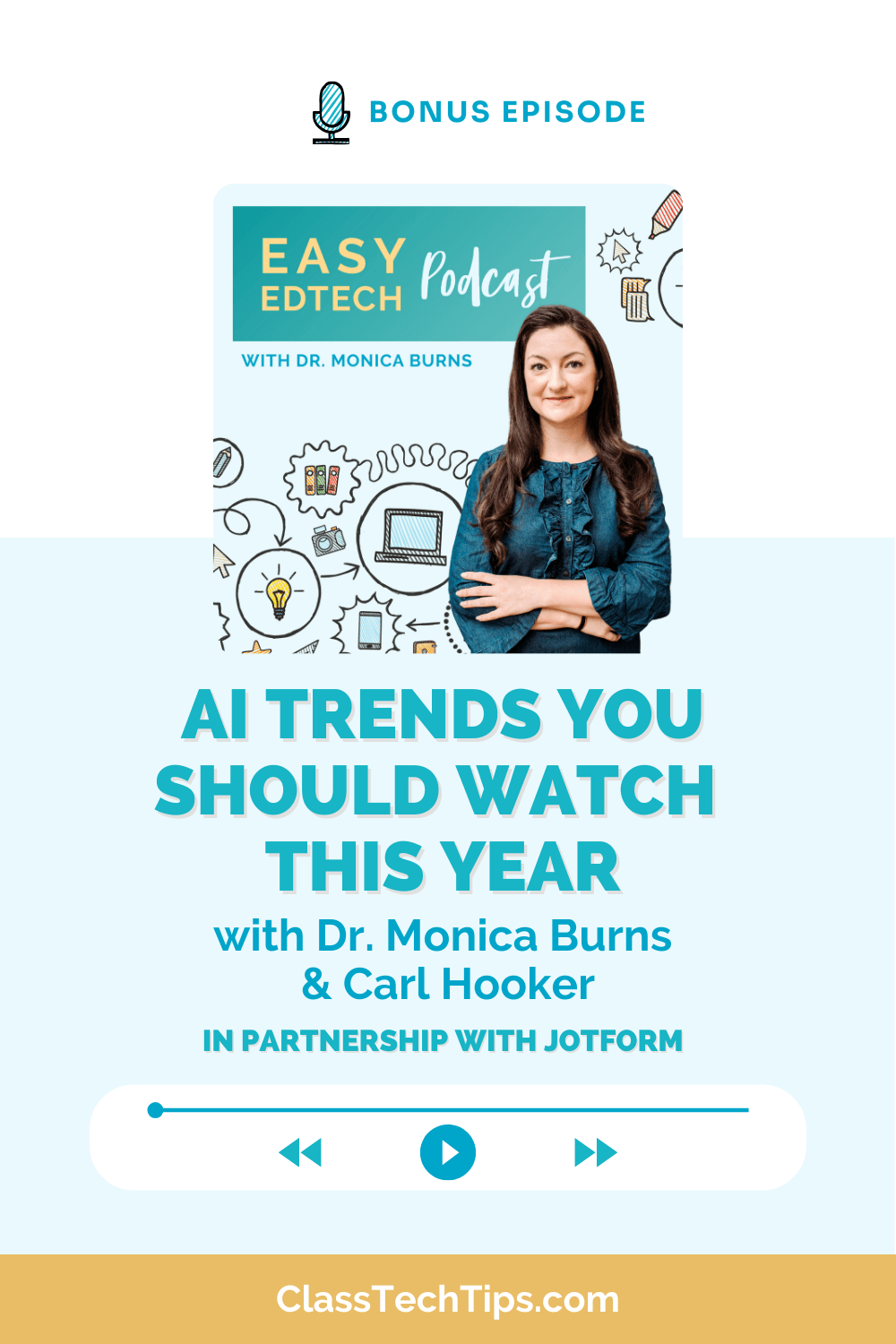 Podcast episode cover for 'AI Trends You Should Watch This Year' with Dr. Monica Burns and Carl Hooker, featuring insights on AI-powered tools for education, in partnership with Jotform.