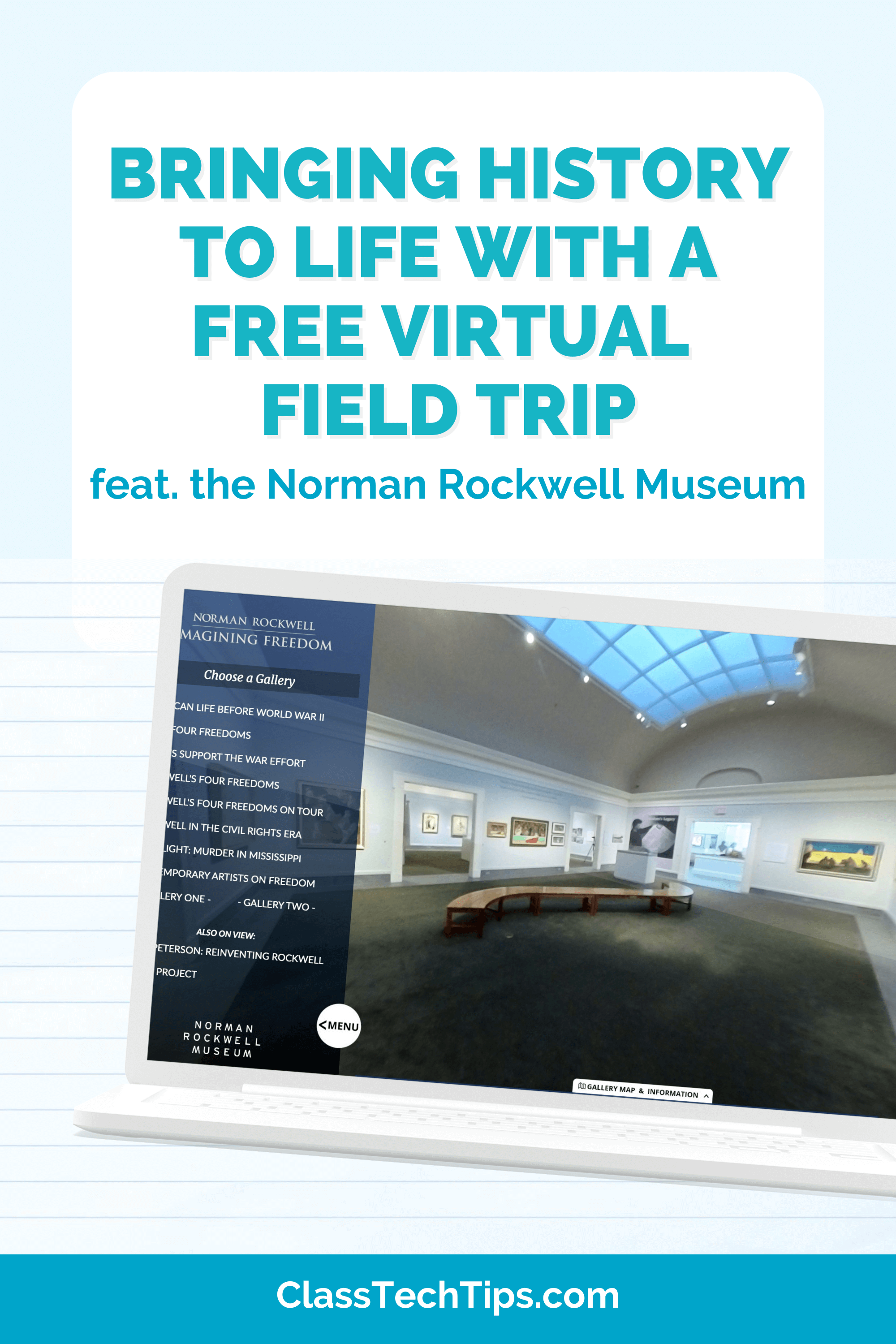 Promotional image for a free virtual field trip to the Norman Rockwell Museum, highlighting online access for classroom learning.