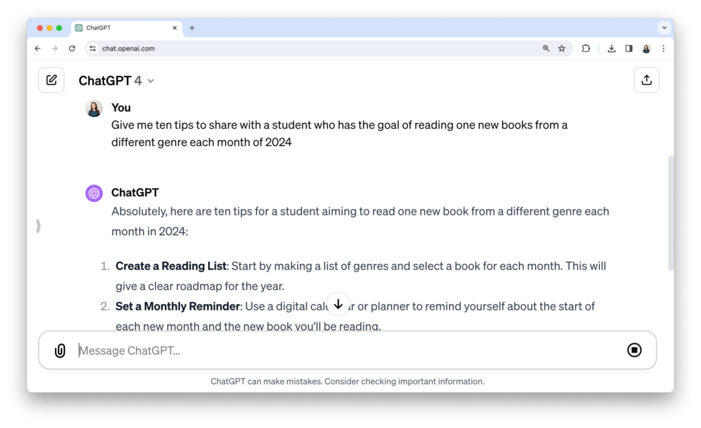 Screenshot showing ChatGPT interface with suggestions for helping students achieve their goals, demonstrating the tool's idea generation capabilities.