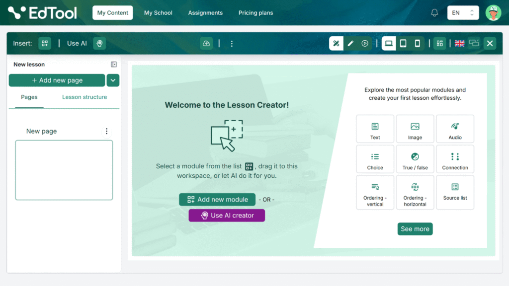 Interactive lesson creator workspace in EdTool showing options to add text, images, audio, and question types.