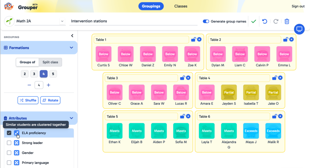 Grouper's dashboard helps educators group students quickly by balancing attributes like proficiency levels and language skills in small group learning.