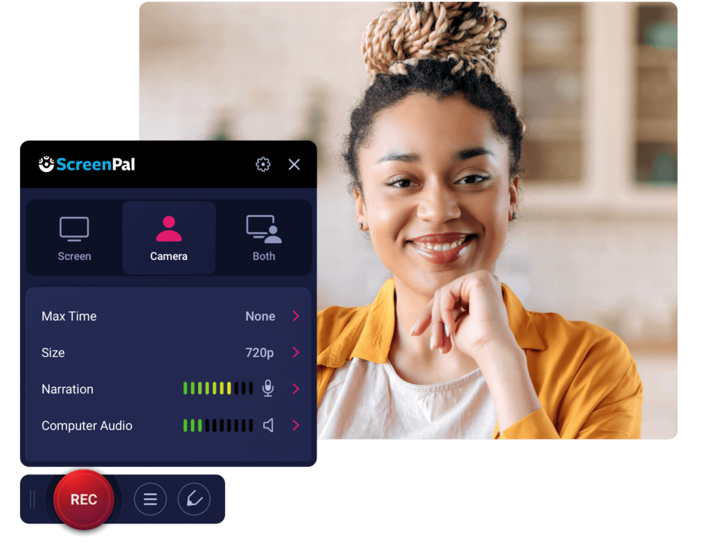 Screenshot of ScreenPal's recording dashboard with a student, highlighting tools for creating engaging video content for classrooms.