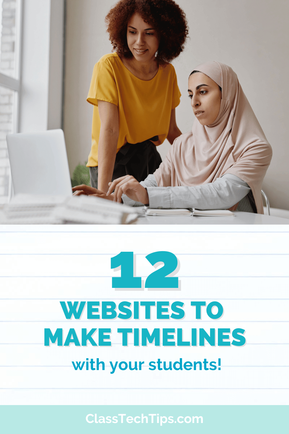 Two women enthusiastically exploring timeline creation websites on a laptop, enhancing their teaching strategies.