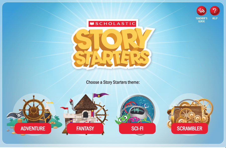Scholastic Story Starters homepage. Choose a theme (adventure, fantasy, sci-fi, or scrambler) to get a random writing prompt. Inspire creativity with Scholastic Story Starters. This interactive tool provides writing prompts to spark imagination and writing skills.